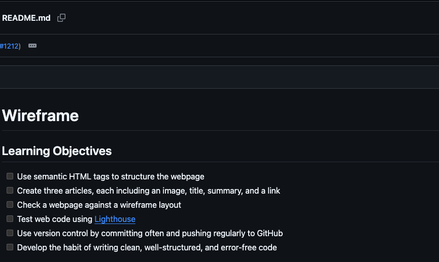 GitHub README page for the Wireframe project showing learning objectives and project requirements