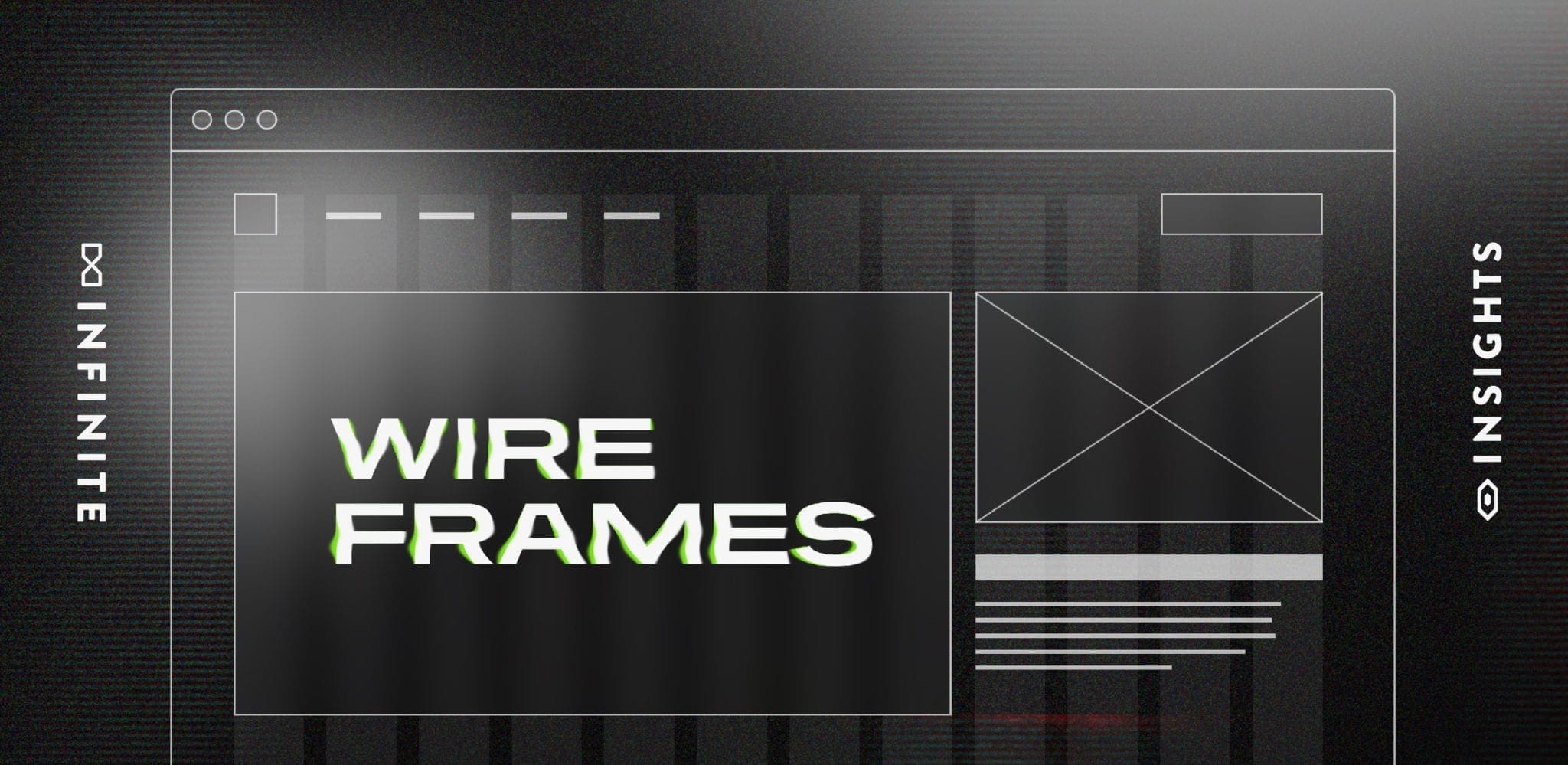 Wireframes website mockup showing a browser window layout with a large hero section, image placeholder, navigation elements, and the text 'Wire Frames'